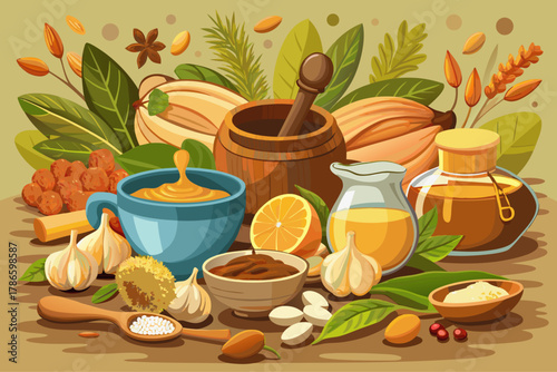 Natural ingredients to strengthen the immune system, including honey in a glass container, ginger in a clay bowl, turmeric in a clay bowl, garlic and various nuts in a stylish container, organic healt