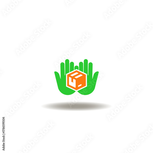 Vector illustration of hands hold packaging box. Icon of SCM Supply Chain Management Distribution Logistics. Symbol of delivery. Sign of give or get parcel.