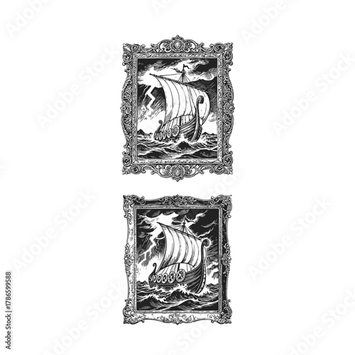Two dramatic vintage engraving style illustrations featuring a Viking longship battling stormy waves, complete with shields and sails