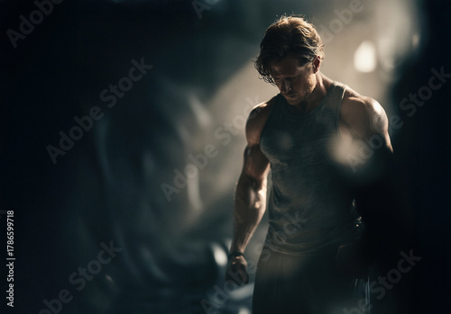 Muscular Man at the gym, focused on his workout