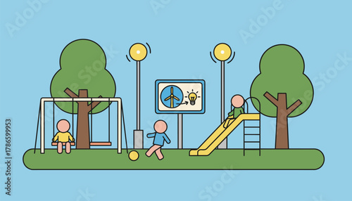 Children playing in a park featuring educational signage on the benefits of green energy surrounded by trees and solarpowered lights.