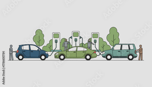 A charging station equipped with multiple connectors surrounded by green landscaping where drivers plug in their electric vehicles for a quick charge.