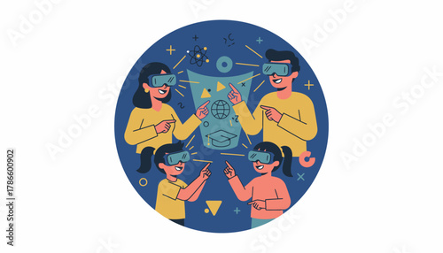 A stylized illustration of a family using a virtual reality headset for a fun learning experience representing the modern blend of entertainment and education.