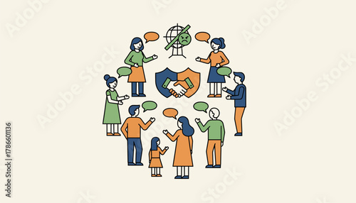 A community gathering with people of all ages discussing strategies to combat cyberbullying promoting a united front.