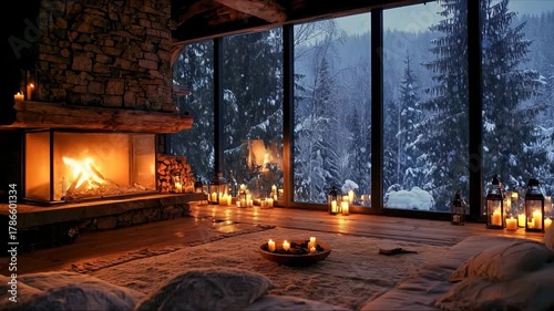 Cozy winter evening by the fireplace in a rustic cabin surrounded by snowy trees