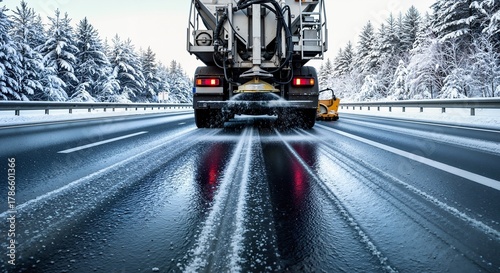 A salt spreader truck de-icing a wet highway in winter. Rear view of a gritter spreading salt on a slippery road with a snow-covered forest. Road safety and winter maintenance