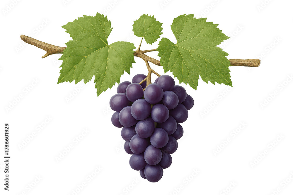 Fototapeta premium Ripe purple grapes hanging from a vine branch with green leaves, fresh fruit for healthy eating and harvest season, transparent background