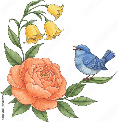 Cute blue bird with rose and bellflower