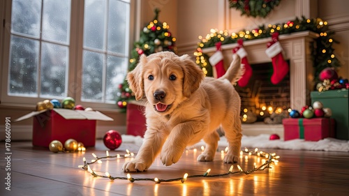 Cute Golden Retriever Puppy Playing with Christmas Lights Indoors, Festive Holiday Decor, Christmas Tree and Cozy Fireplace