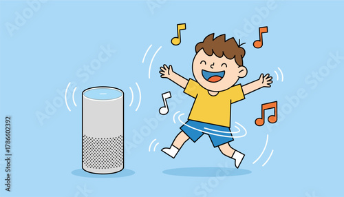 A child joyfully interacting with a voice assistant asking it to play their favorite songs and dance around the room.