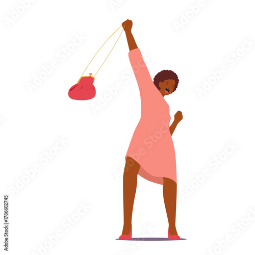 Crazy adult woman winner cartoon character spinning bag over head shining happiness and joy