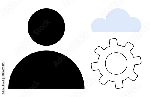 Profile silhouette, cloud icon, and gear representing user management, cloud storage, and customization. Ideal for technology, software, user interface, settings development administration