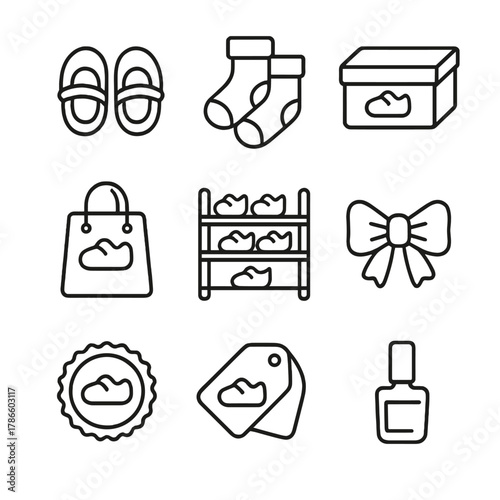 Baby products line icons: shoes, socks, gift box, shopping bag, bow, awards