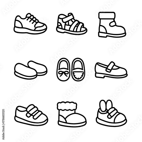 Variety of black shoe icons on gray background