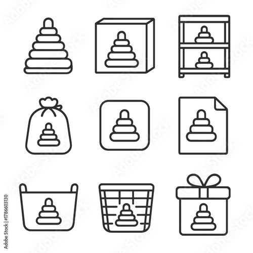 Minimalist icons of baby toys: blocks, stacking rings, and gifts