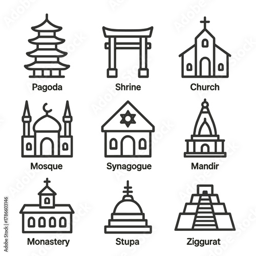 Outline icons of global religious structures on gray background