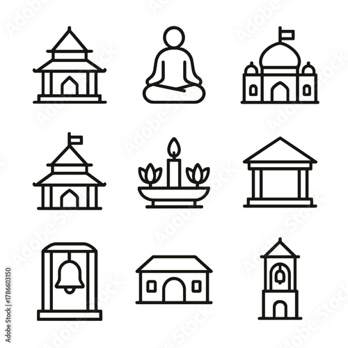 Outline icons of temples and religious symbols on gradient background