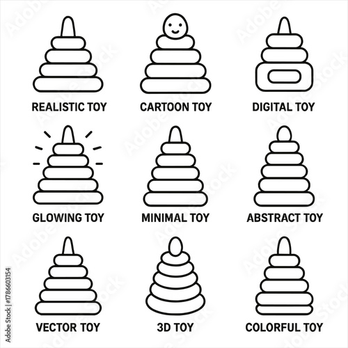 Nine creative outline toy designs featuring various styles and concepts