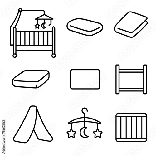Minimalist baby crib and bedding icons set on gray background