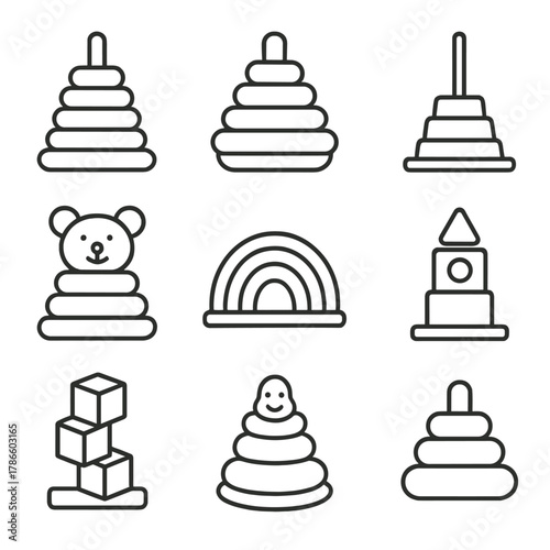 Minimalist outline icons of children's stacking toys on gray background