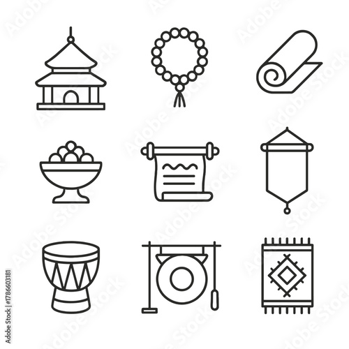Minimalist line icons of asian cultural symbols and traditional instruments