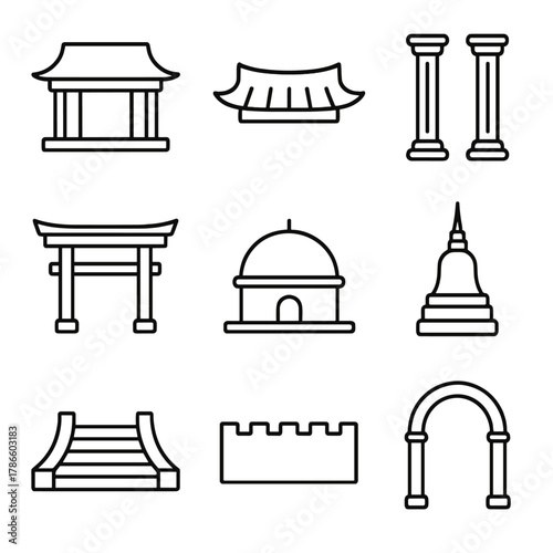Minimalist icon set of historic architectural structures
