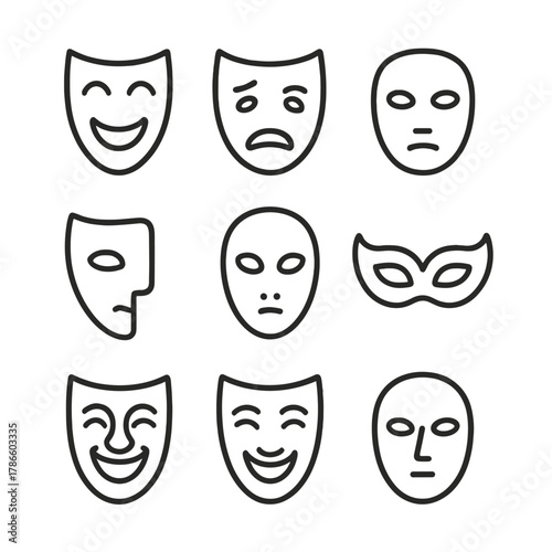 Minimalist theater mask icons: drama, comedy, emotion, expression set
