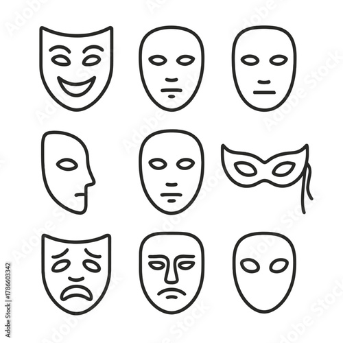 Minimalist theater masks set on gray background