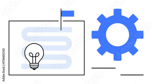 Light bulb, winding path with flag, and gear depict inspiration, progress, and efficiency. Ideal for project management, innovation, strategy, teamwork creativity workflow simple flat metaphor