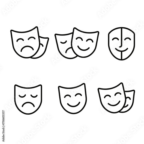 Theater masks representing comedy and tragedy in line art on gray background