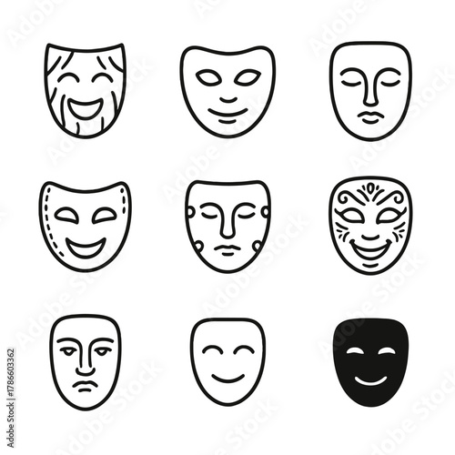Theater masks collection with different expressions on gradient background