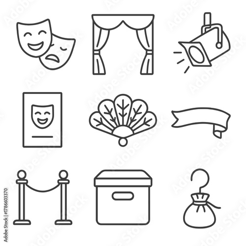 Theater icon set: masks, curtains, lights, and stage elements collection