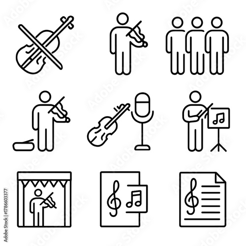 Musical icons set with violin, player, and sheet music in minimal line design