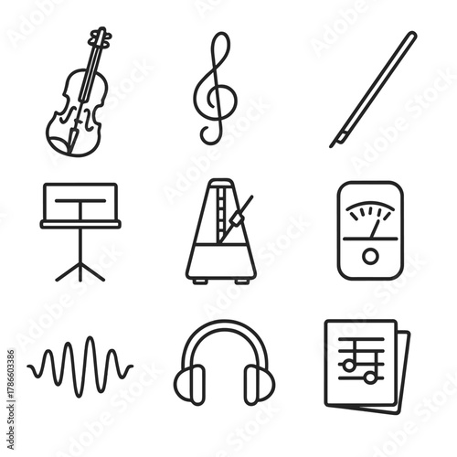 Minimalist music icons set featuring instruments and musical tools