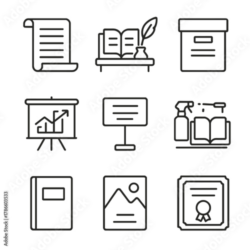 Black and white minimalist icons: document, book, certificate, cleaning tools