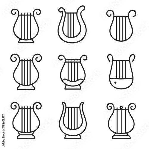 Elegant musical instrument symbols featuring various lyre designs