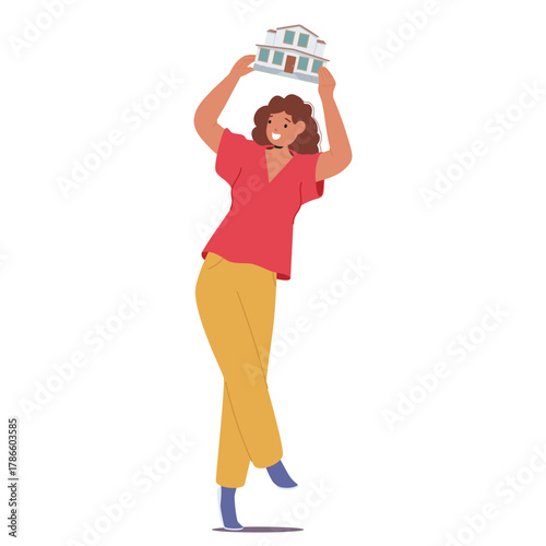 Happy woman cartoon character raising model of home over head rejoicing win real estate in lottery