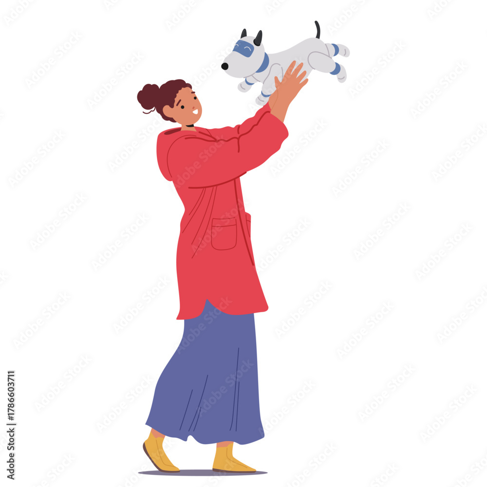 Fototapeta premium Young woman cartoon character caring for mechanical robotic dog isolated on white background