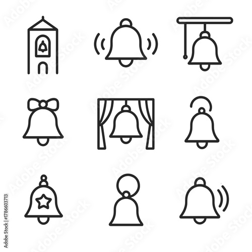 Set of bell icons with various designs on a gradient background