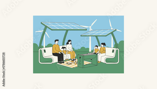A family enjoying a picnic in a park equipped with electric grills and powered seating areas showcasing green energy in recreation.