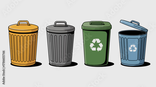 Visually appealing collection of recycling bins showcasing waste management solutions for sustainable living and environmental responsibility in a modern, vibrant style