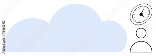 Blue cloud with clock and user figure signifies cloud computing, time management, and user interaction. Ideal for digital storage, efficiency, synchronization, productivity, technology, connection