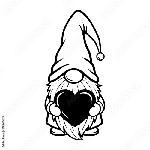 A charming garden gnome, his whimsical features softened by his tender gesture holding a love heart. It's a whimsical gnome illustration radiating warmth and affection. vector illustration