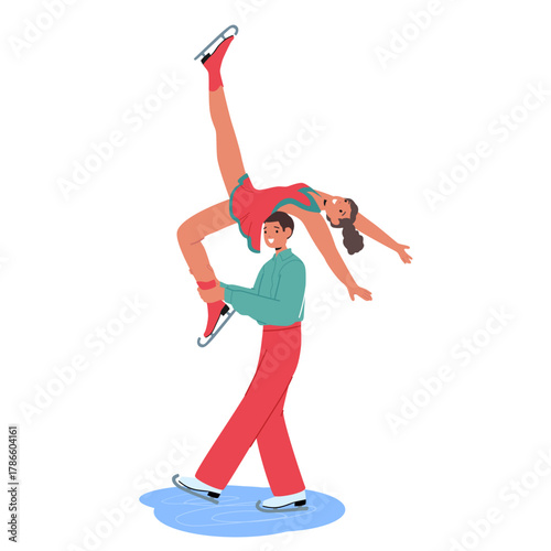 Man woman pair of figure ice-skaters cartoon characters making show on ice rink isolated on white
