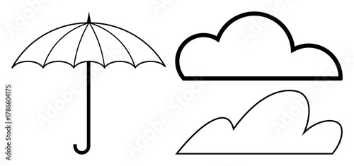 Simple black and white umbrella paired with two cloud outlines, symbolizing weather, climate, protection, safety, rain, simplicity, and abstract design. Ideal for forecasts concepts of