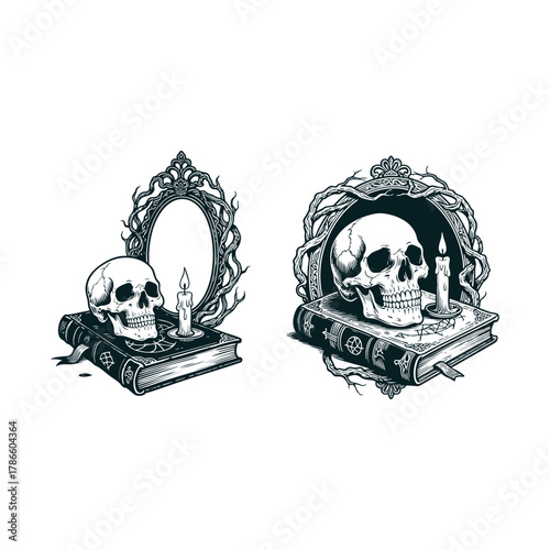 Two dark vintage engraving style illustrations featuring a human skull resting on an ancient, magical spell book next to a lit candle and an ornate mirror frame