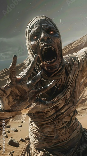 Ancient cursed entity wrapped in cloth, emerging from barren desert. Its terrifying open mouth screams, glowing red eyes gaze intensely, reaching outward under dark storm clouds.