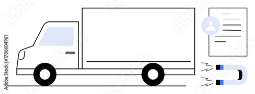 Large freight truck with magnet drawing documents and user profiles, symbolizing logistics, recruitment, data management, business growth, customer engagement, resource allocation, and marketing