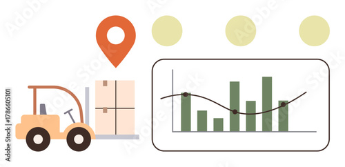 Forklift moving packaged goods near location marker, combined with analytics chart showing trends. Ideal for logistics, supply chain, analytics, inventory, productivity, tracking management. Simple