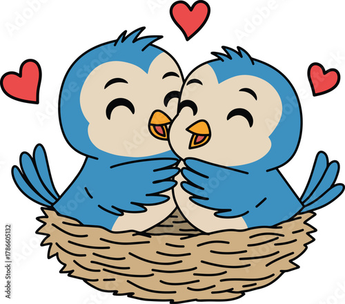 Adorable Blue Bird Couple Hugging in a Cozy Nest with Hea